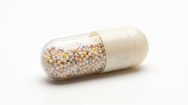 Single medical pill filled with colorful beads