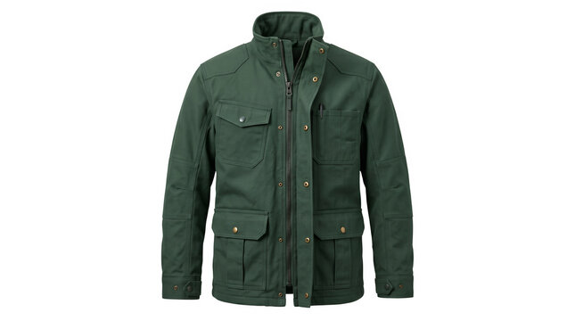 Dark green outdoor field jacket, men utility winter coat with pockets, casual olive green parka outerwear mockup on plain background