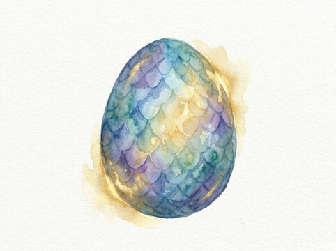 Dragon egg painted in watercolor with shiny blue and purple scales sits on a textured white background.