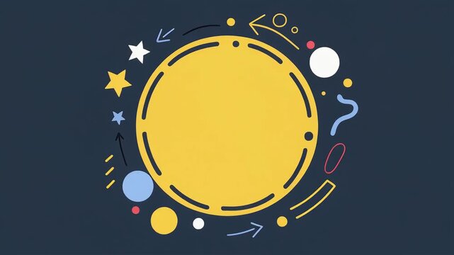 Minimalist yellow circle frame with playful moving graphic elements and doodle patterns isolated on a dark blue background animation footage