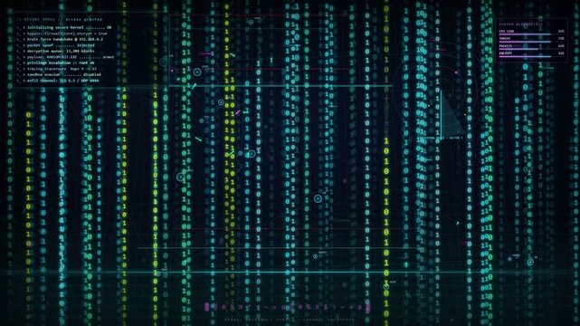 Digital binary code rain falling on a dark screen representing big data and cyber security
