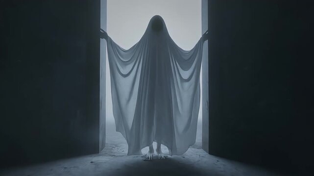 Mysterious ghost figure wearing white sheet standing inside dark doorway frame creating spooky atmosphere in this chilling horror motion video