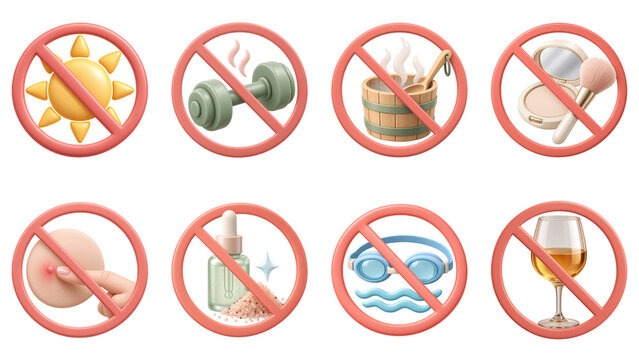 Aesthetic clinic aftercare things to avoid 3D prohibition icon set on transparent background