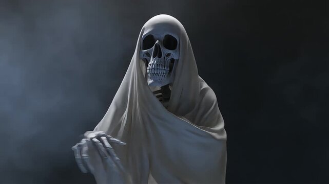 Sinister skeletal ghost drifting in darkness with flowing white shroud and shimmering particles creating eerie cinematic motion video effect sequence