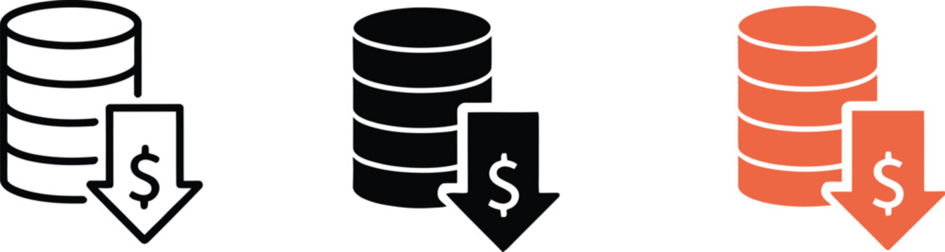 Financial Loss Icon, decreasing currency coins with downward arrow representing recession, declining profits, business losses, and economic downturn