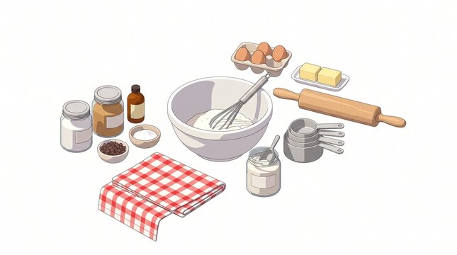 Isometric baking set with mixing bowl whisk ingredients and rolling pin in a clean flat style