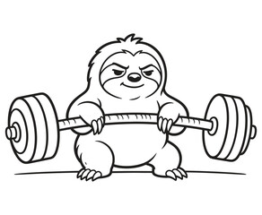 Fototapeta premium Cute cartoon sloth lifting heavy barbell weight.