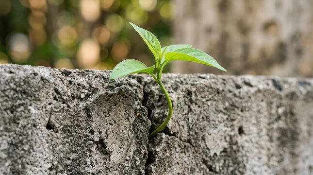 Small green plant sprouting from crack in rough concrete wall symbolizing resilience hope new beginning nature overcoming obstacles and environmental recovery in urban landscape setting.