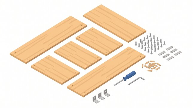 Isometric vector illustration of unassembled wooden furniture with screws and tools
