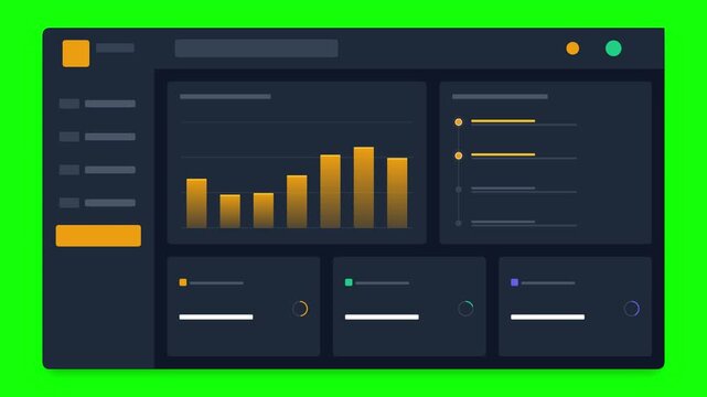 Data analytics dashboard panels on chroma key green background