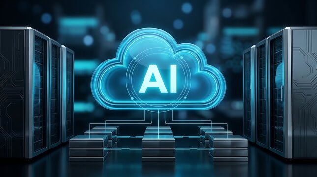 Glowing digital cloud network icon representing artificial intelligence data processing between two large server towers in a dark modern data center environment for cloud computing concept