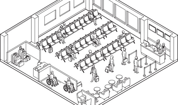 Isometric Airport Terminal Waiting Area Line Art Isolated on Transparent Background Vector