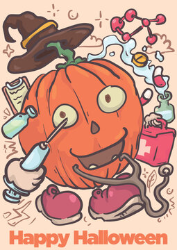 funky walking pumpin halloween mascot wear witch hat, holding Spuit Syringe and bring first aid kit for halloween doctor. retro vintage halloween vector poster 