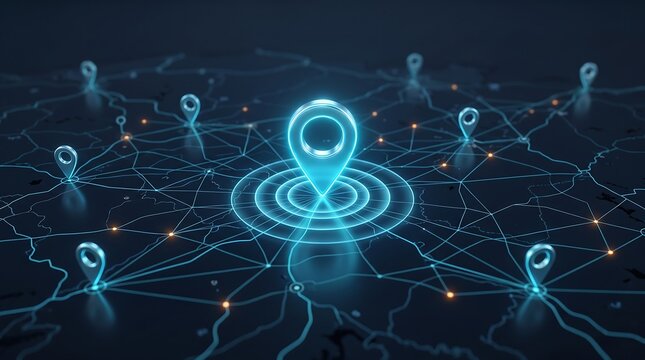 Central location pin with radiating circular signals on a digital map network representing precise tracking and localized data distribution in a high-quality 3D technology render