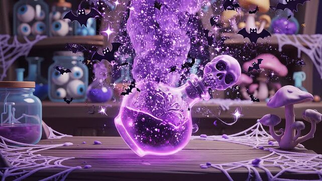 Halloween potion bottle glowing and gently shaking, magical purple smoke, cartoon style