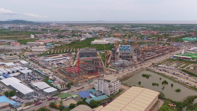 Aerial view tracking the construction of a large hyperscale data center, a critical infrastructure for artificial intelligence and cloud computing