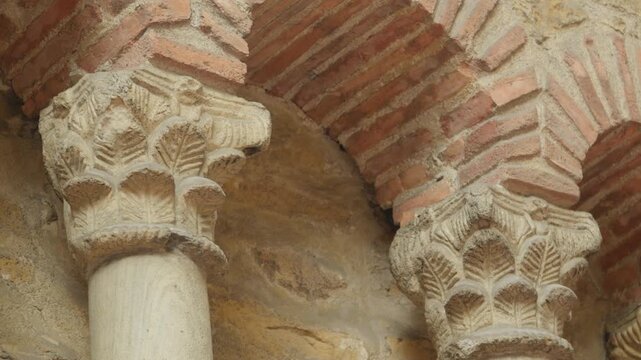Close up of romanesque capitals in the Holy Chamber of the Cathedral of San Salvador de Oviedo