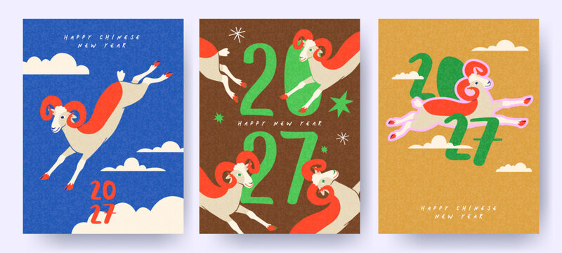 Chinese New Year 2027 greeting card design with playful goat illustrations, bold typography, colorful textured background and modern graphic style for posters, covers, packaging, apparel