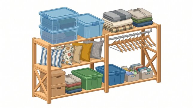 Isometric wooden wardrobe rack with folded clothes storage boxes and hanging garments