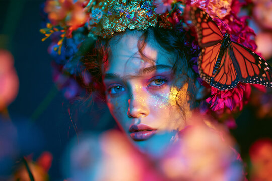 Woman flower butterfly colorful portrait closeup beauty makeup fantasy nature Dreamy woman portrait with colorful makeup surrounded by vibrant flowers and butterfly glowing light fantasy beauty