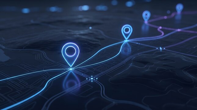 Digital map visualization with glowing location pins and connecting data lines representing global logistics supply chain tracking and modern network communication connectivity