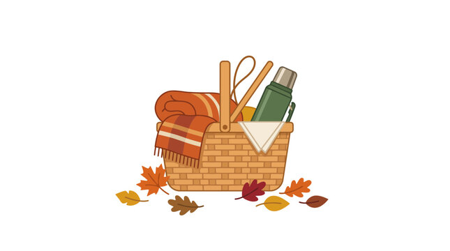 Autumn picnic basket vector illustration, woven wicker hamper with warm blanket and thermos, fall season outdoor recreation concept on white background