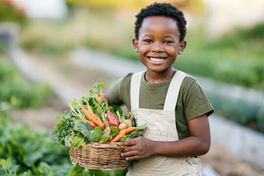 Smiling Black boy holding wicker basket of vegetables in cultivated garden