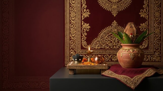 Hindu puja setup with kalash coconut diya and marigold flowers against ornate deep red gold decorative textured backdrop.