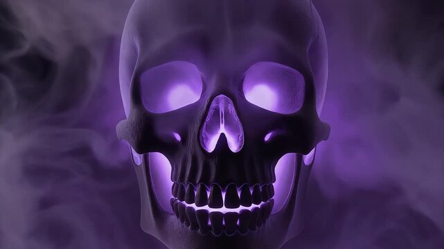 Sinister human skull animation glowing with bright purple light emerging through swirling dense fog in this dark cinematic motion clip
