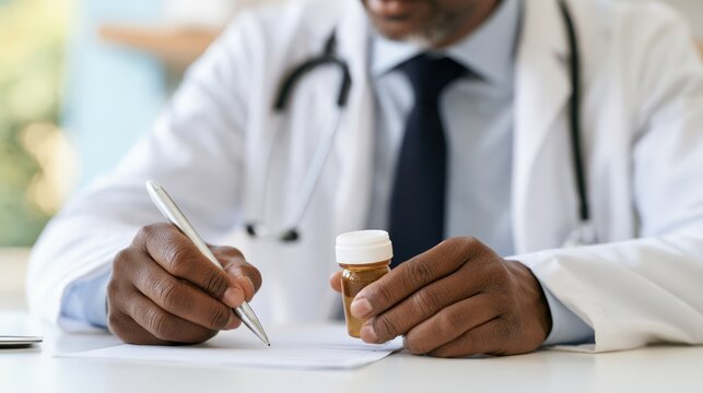 Black male physician writing beside prescription bottle at consultation desk