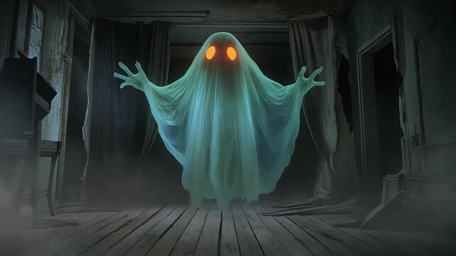 Glowing spectral ghost haunting abandoned dark hallway with eerie floating motion in this atmospheric and spooky digital horror animation clip