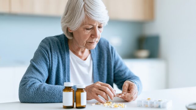 Older Woman Organizing Prescription Tablets at Bright Kitchen Table with Medicine Bottles