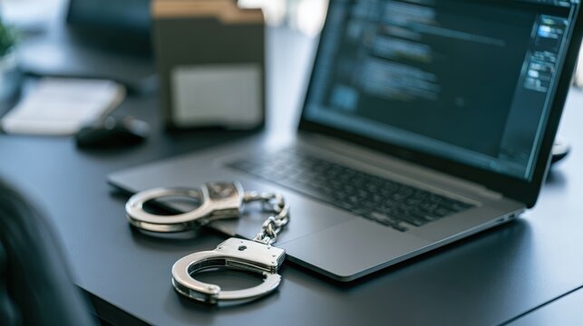 Open Laptop and Stainless Steel Handcuffs on Dark Desk Cybersecurity Scene