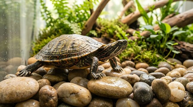 Turtle Slowly Walking on Wet River Rocks in Terrarium Habitat
