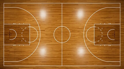 Fototapeta premium Aerial view of a clean, empty basketball court with polished wooden floor and bright lighting, perfect for sports events and training.