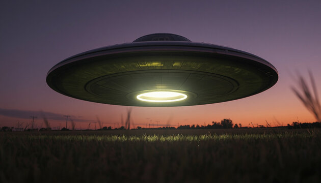 UFO Hovering Over Open Rural Field at Dusk