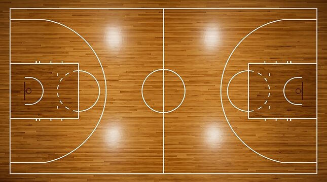 Aerial view of a clean, empty basketball court with polished wooden floor and bright lighting, perfect for sports events and training.