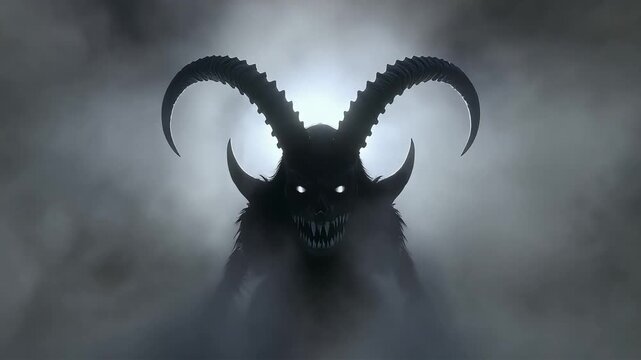 Sinister horned demon creature emerges from thick swirling fog in this dark cinematic digital animation video for horror movie atmosphere