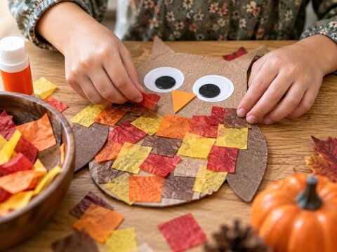 Child Hands Making Autumn Owl Paper Craft with Colorful Squares on Wooden Table for DIY Fall Activity and Homeschooling Education