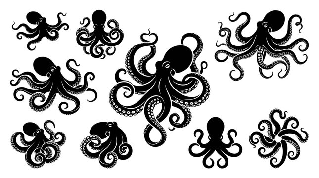 Octopus silhouette vector set with tentacle pose icon collection