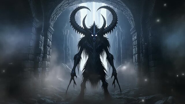 Horrifying demonic creature with massive horns standing in a dark foggy stone dungeon interior during a spooky motion animation clip