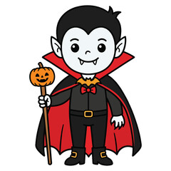 Cute cartoon vampire boy holding a pumpkin scepter isolated on transparent background © WASIF-MEHMOOD