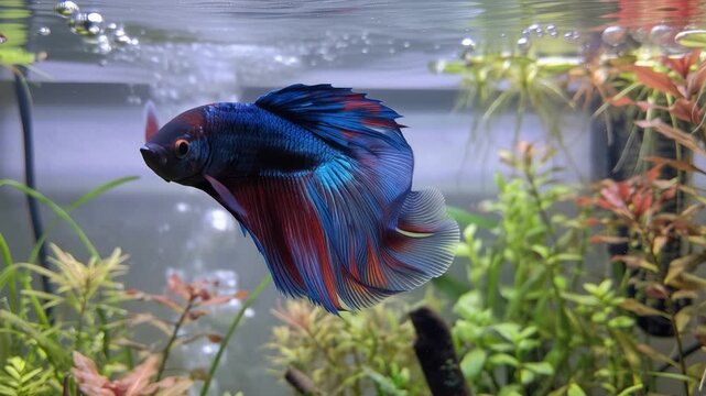 Beautiful betta fish swimming gracefully through a stunning aquarium, surrounded by clear water, vibrant aquatic plants, 4K video