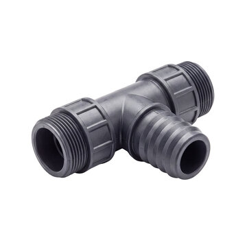 Black plastic T-shaped pipe fitting with external threads