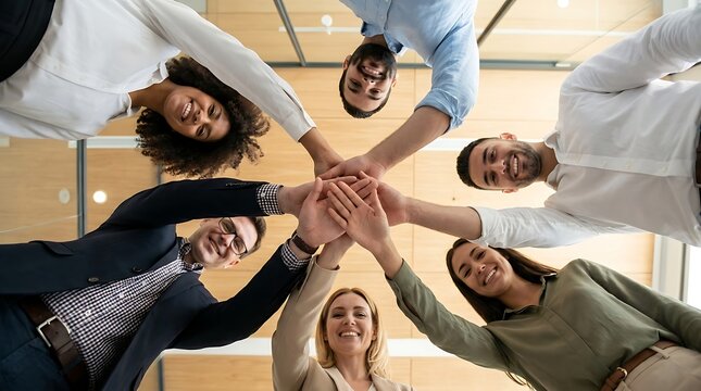 Diverse team of business people stacking hands in unity, celebrating success together, close-up low angle view.