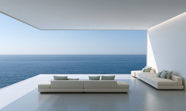 Modern minimalist living space with panoramic ocean view and plush seating