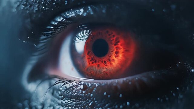 Human eye with intense glowing red iris texture captured in slow motion cinematic digital animation for modern science fiction projects