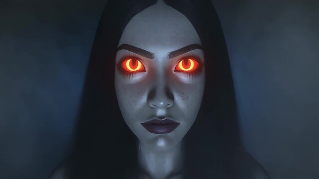 Mysterious dark woman with glowing red demonic eyes emerging from thick swirling blue smoke in this chilling horror animation footage