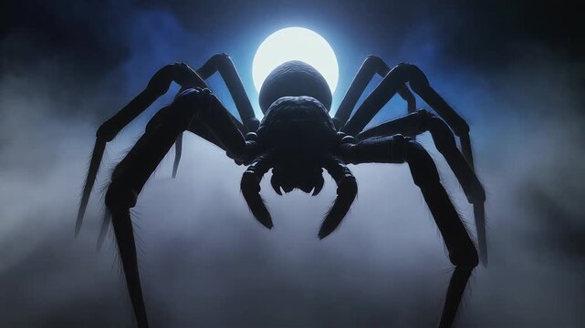 Giant spider silhouette moving through thick swirling fog during the dark night under a bright glowing full moon video animation