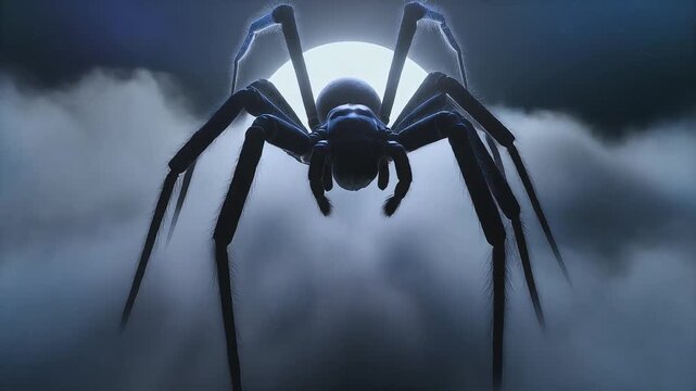 Massive spider silhouette looms over mystical foggy night sky with bright glowing full moon in this dark motion animation footage